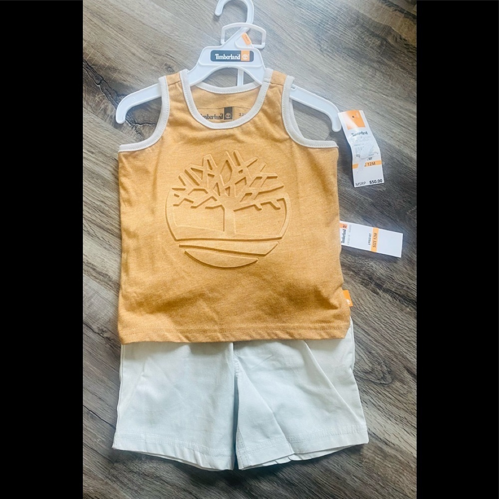 Timberland Boys 2 Piece Tan Logo Tank and Shorts NWT Size 12 Months NWT.